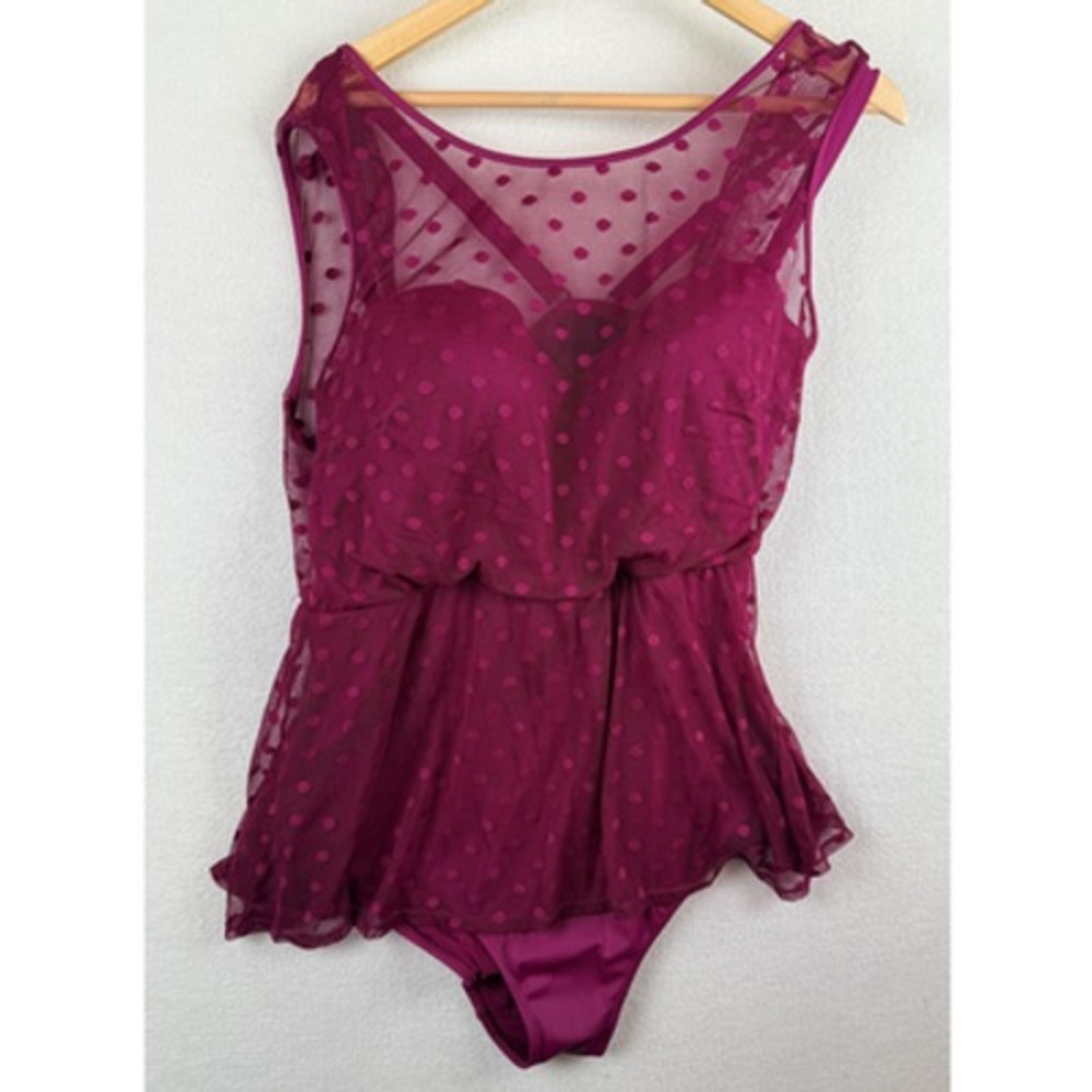 Torrid Swimdress Womens 2 Pink Mesh Polka Dot Ruffle Padded Tank Top One Piece